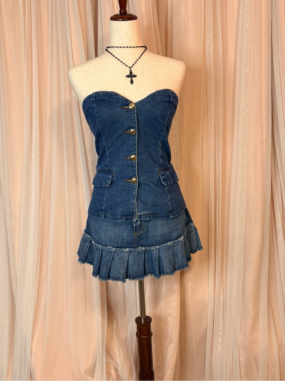 Sincerely Jules Denim Corset Tube Top | Strapless Button Front Bustier | Size L